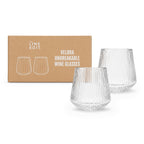 Two clear fluted Velora Tritan tumblers beside a The Line Edit kraft gift box