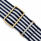 Gold buckle on the Pavilion's navy striped webbing strap