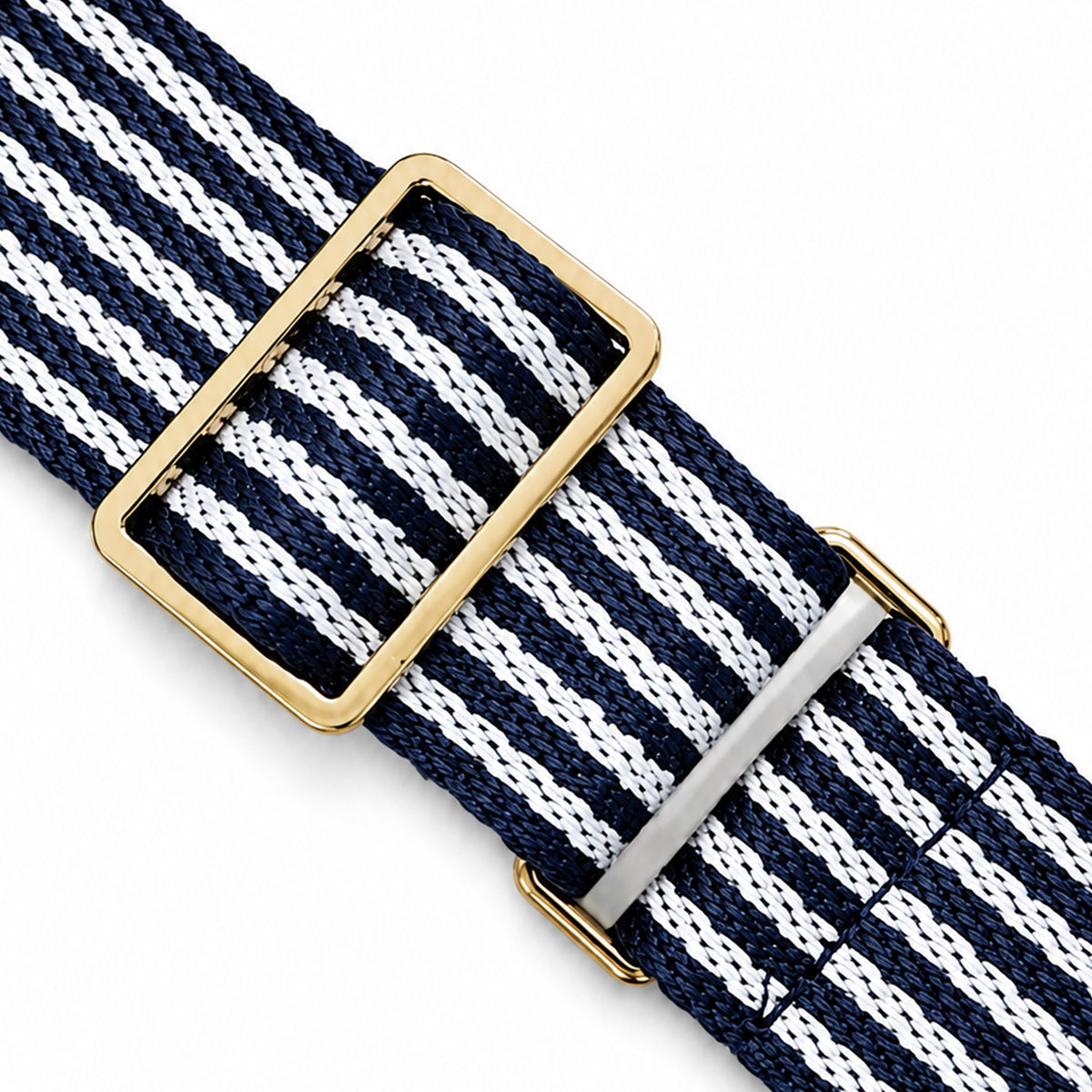 Gold buckle on the Pavilion's navy striped webbing strap